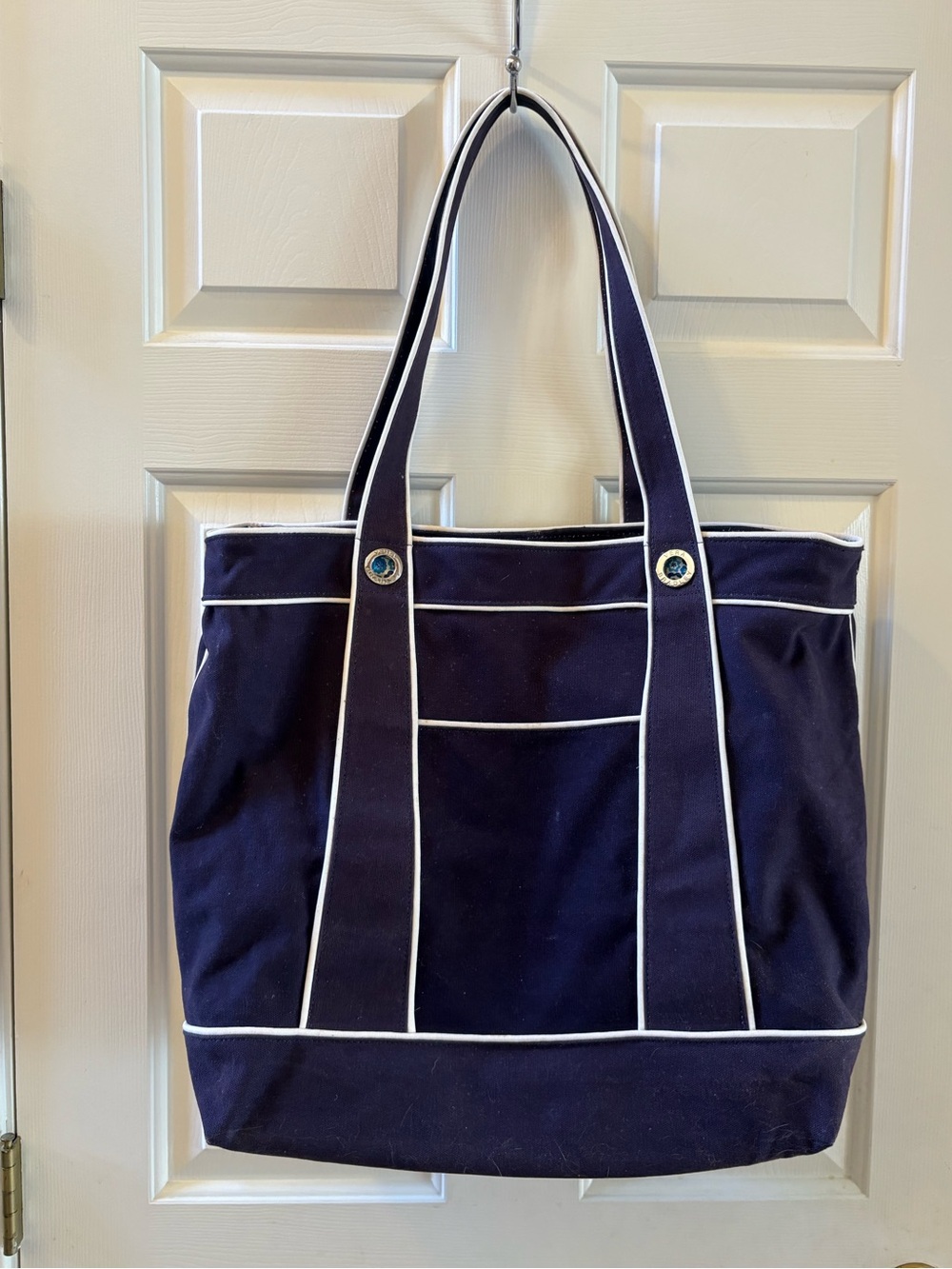 Vera Bradley Cotton Canvas Boxy Tote Bag Navy Blue White Trim 20”x16”x8” - Picture 2 of 5